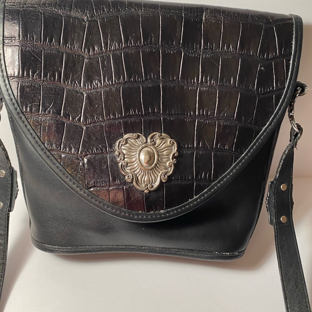 Brighton Black Crossbody Bag with Croc Embossing and Silver Heart Clasp